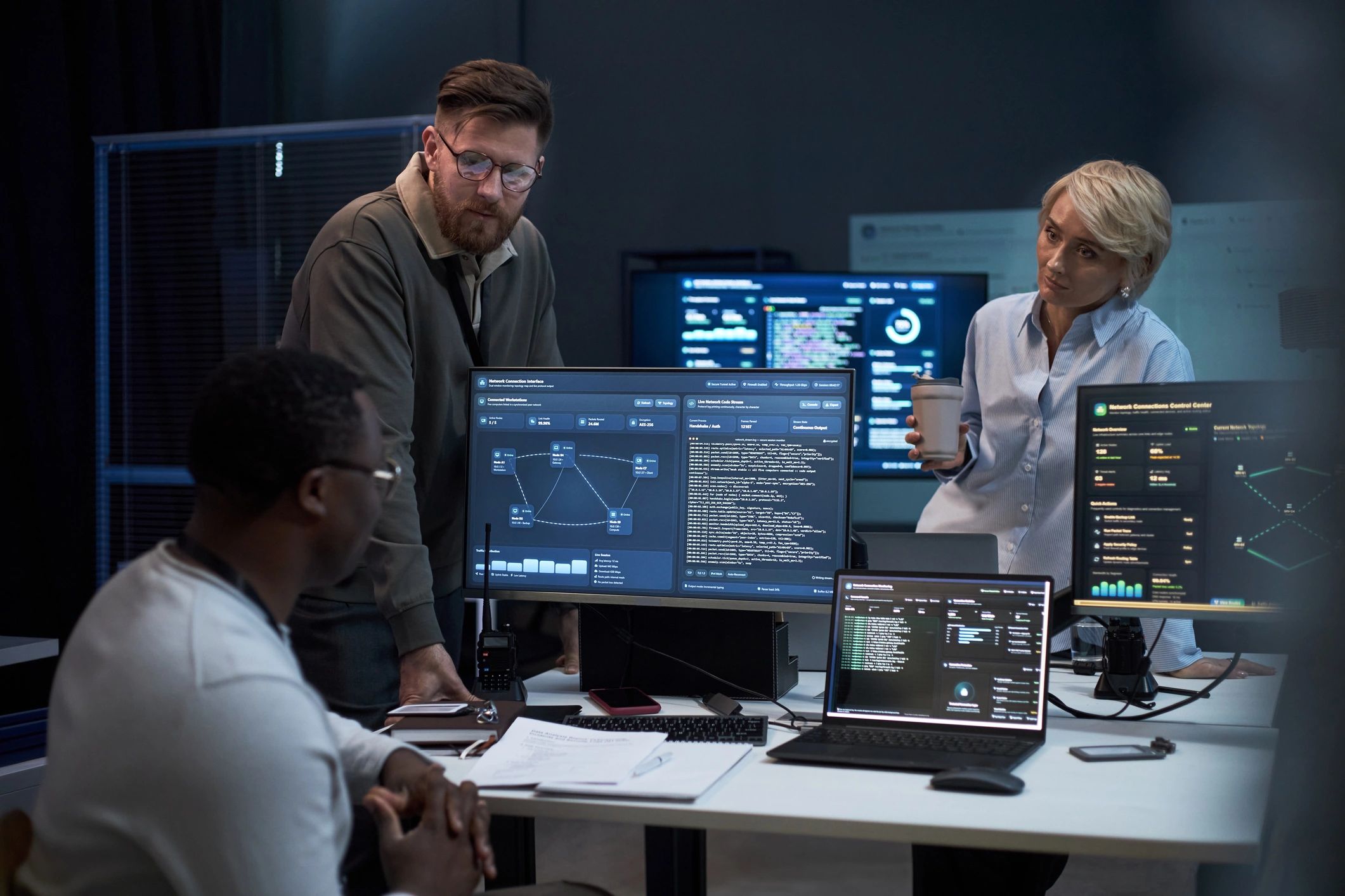 Integrated security operations center with monitoring screens